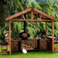 Diseño de jardín cocina y chimenea
